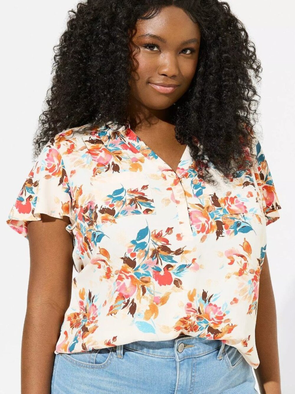 TORRID 2 Plus Size Harper Flutter Sleeve Blouse Cream Orange Floral Short Sleeve